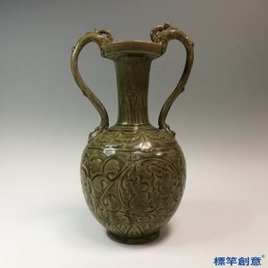 GB111 北宋耀州窯褐青瓷刻纏枝花卉紋雙龍耳瓶