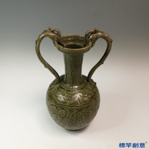 GB111 北宋耀州窯褐青瓷刻纏枝花卉紋雙龍耳瓶