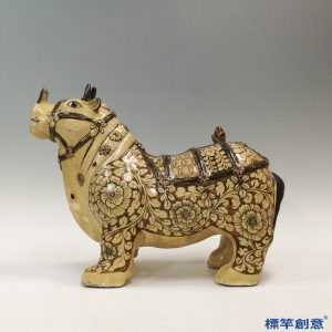 GA080 宋代磁州窯米黃釉褐彩繪花犀牛陳設器