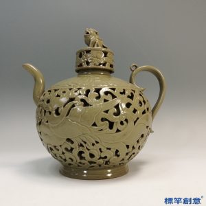 FC038 五代越窯青瓷鏤空刻鳳凰紋獸鈕執壺