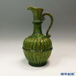 FB118 唐代鞏義窯綠釉絞胎刻瓜棱紋仿金銀壺執壺