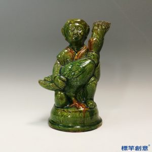 FB122 唐代鞏義窯綠釉絞胎黃彩抱鴨仕女陳設器