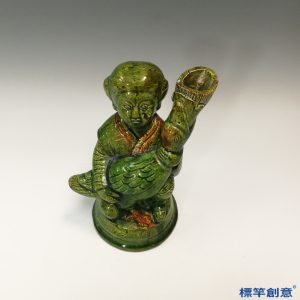 FB122 唐代鞏義窯綠釉絞胎黃彩抱鴨仕女陳設器