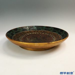 FB125 唐代黑陶金彩繪鳳紋花卉盤