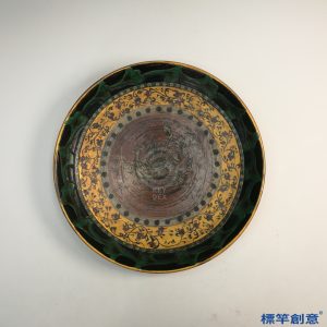 FB125 唐代黑陶金彩繪鳳紋花卉盤