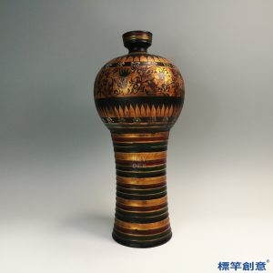 FB126 唐代黑陶金彩繪纏枝花卉紋高足瓶