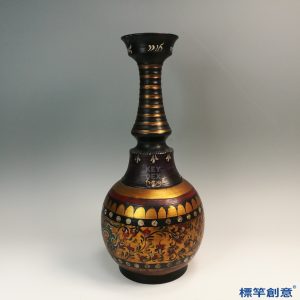 FB127 唐代黑陶金彩繪纏枝花卉紋盤口長頸瓶