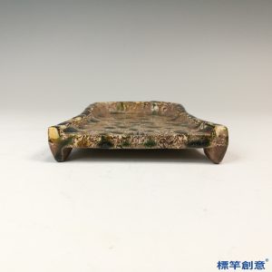 FB131 唐代鞏義窯土黃釉絞胎點彩風字硯