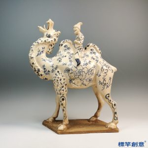 FB133 唐代鞏義窯白釉青花彩繪人物騎駱駝俑