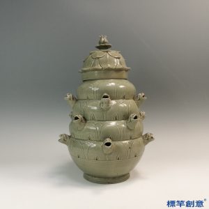 FC042 五代越窯青瓷貼塑蓮瓣紋獸首穀倉罐魂瓶