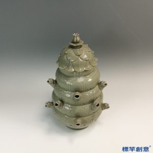 FC042 五代越窯青瓷貼塑蓮瓣紋獸首穀倉罐魂瓶