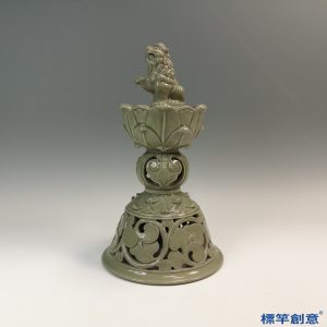 FC043 五代越窯青瓷鏤空蓮座獅子鈕薰香爐