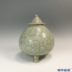 FC050 五代耀州窯淡青瓷刻纏枝花卉蓋罐