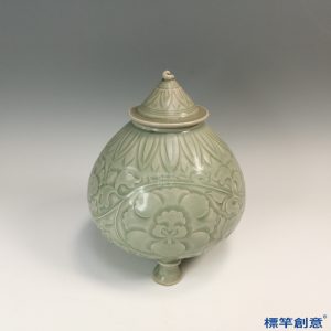 FC050 五代耀州窯淡青瓷刻纏枝花卉蓋罐