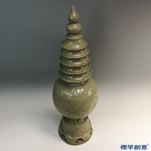 FC051 五代越窯青瓷刻龍紋蓮座佛塔蓋罐
