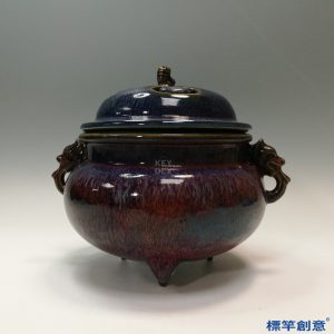 GA071 宋代鈞窯紫紅釉三足帶蓋官字款香爐