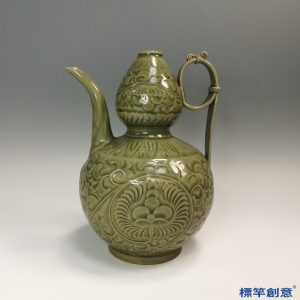 GB131 北宋耀州窯褐青瓷刻牡丹紋葫蘆形執壺