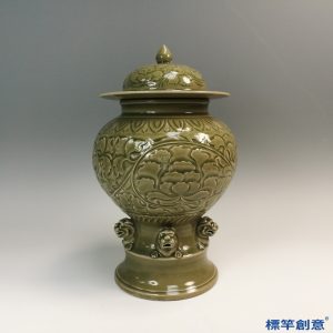 GB133 北宋耀州窯褐青瓷刻牡丹紋豆式將軍罐