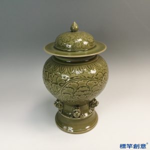 GB133 北宋耀州窯褐青瓷刻牡丹紋豆式將軍罐