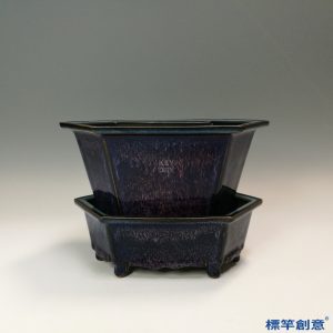 GB137 北宋鈞窯紫紅釉六方花盆盆托一套