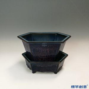 GB137 北宋鈞窯紫紅釉六方花盆盆托一套