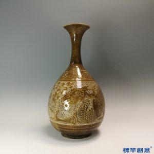 GB152 北宋定窯亮面褐黃釉刻龍紋玉壺春瓶