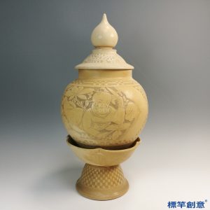 GB155 北宋磁州窯米黃釉剔蓮瓣嬰兒紋佛塔蓋淨水罐