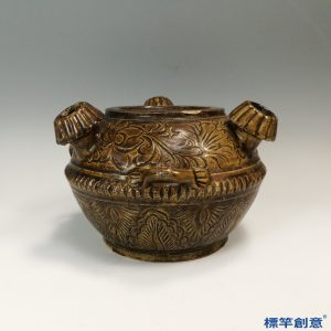 GC203 南宋磁州窯醬釉刻纏枝花紋三孔油燈