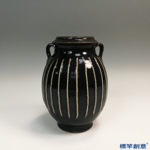 GE021 金代介休窯黑釉剔白線紋雙耳罐