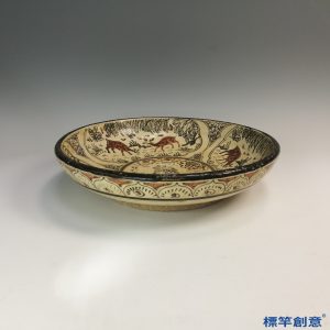 HA092 元代磁州窯米黃釉地雙彩繪獅鹿紋大盤