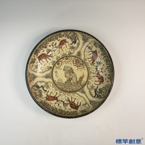 HA092 元代磁州窯米黃釉地雙彩繪獅鹿紋大盤