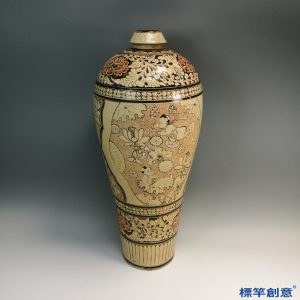 HA093 元代磁州窯米黃釉地雙彩繪纏枝花鳥紋大梅瓶