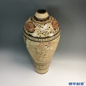 HA093 元代磁州窯米黃釉地雙彩繪纏枝花鳥紋大梅瓶