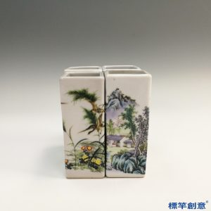 KK030 20世紀景德鎮窯白釉彩繪山水人物紋四件組合筆筒