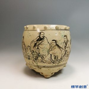 GC211 南宋磁州窯米白地黑彩繪人物鼓形罐