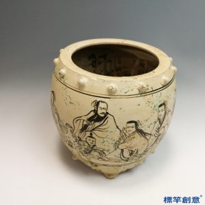 GC211 南宋磁州窯米白地黑彩繪人物鼓形罐