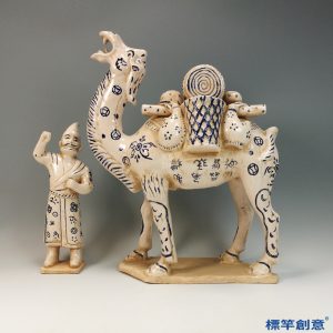 FB137 唐代鞏義窯白釉青花繪駱駝胡人俑一組