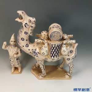 FB137 唐代鞏義窯白釉青花繪駱駝胡人俑一組
