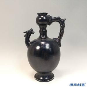 FB139 唐代鞏義窯藍黑釉鳳首龍柄壺
