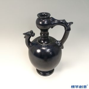 FB139 唐代鞏義窯藍黑釉鳳首龍柄壺