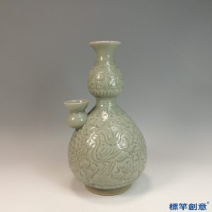 GB173 北宋耀州窯淡青瓷刻花卉鳳鳥葫蘆形淨瓶