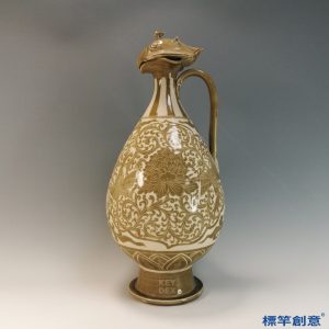 GB176 北宋定窯亮面米白釉褐彩繪纏枝牡丹鷹首壺