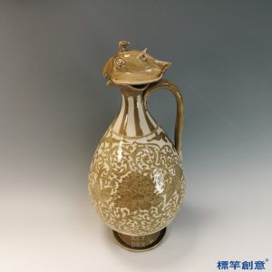 GB176 北宋定窯亮面米白釉褐彩繪纏枝牡丹鷹首壺
