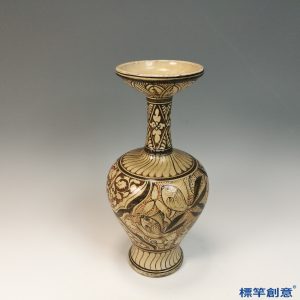 GC214 南宋磁州窯米白地雙彩繪魚藻紋盤口長頸瓶