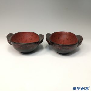 DB045 漢代麻布胎漆器紅地描玄紋耳杯一對