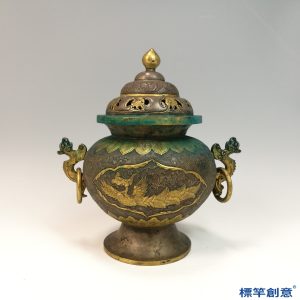 FB140 唐代鎏金銀雙耳蓋飛鳳紋薰香爐