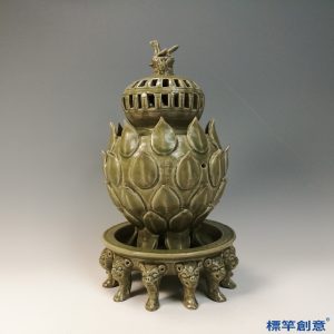 FB149 唐代越窯青瓷飛鳥鈕蓮瓣多獸足薰香爐