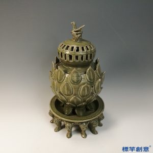 FB149 唐代越窯青瓷飛鳥鈕蓮瓣多獸足薰香爐
