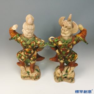 FB150 唐代鞏義窯三彩陶塑武士俑一對