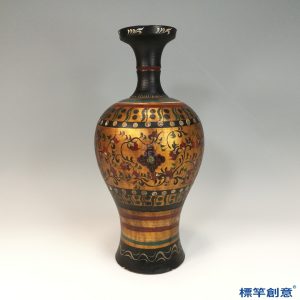 FB153 唐代黑陶金彩繪纏枝花卉紋細頸梅瓶